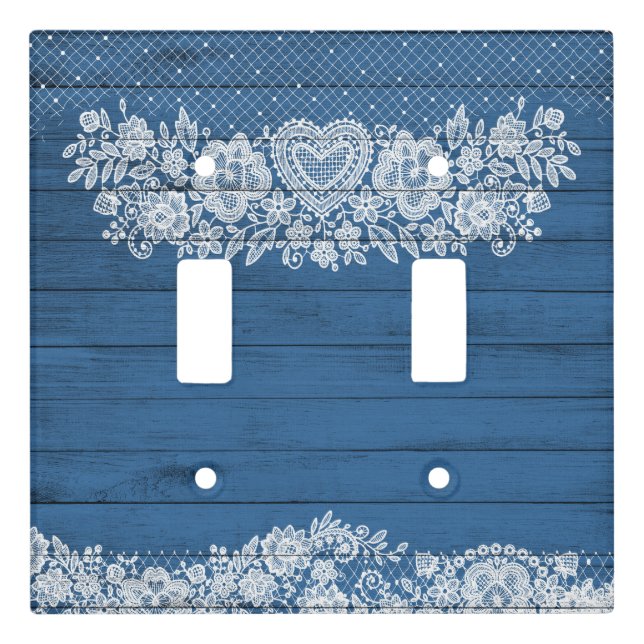 Blue Rustic Wood & White Lace Lacy Farmhouse Chic Light Switch Cover (Front)