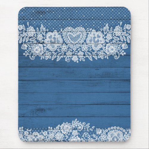 Blue Rustic Wood  White Lace Lacy Farmhouse Chic Mouse Pad