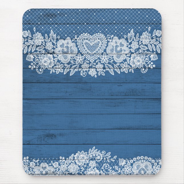 Blue Rustic Wood & White Lace Lacy Farmhouse Chic Mouse Pad (Front)