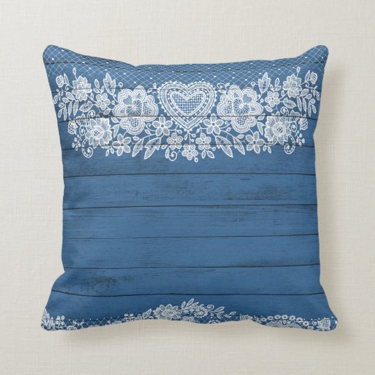 Blue Rustic Wood & White Lace Lacy Farmhouse Chic Throw Pillow
