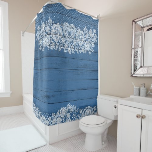 Blue Rustic Wood  White Lace Lacy Farmhouse Shower Curtain