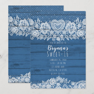 Blue Rustic Wood & White Lace Sweet 16 Birthday Invitation