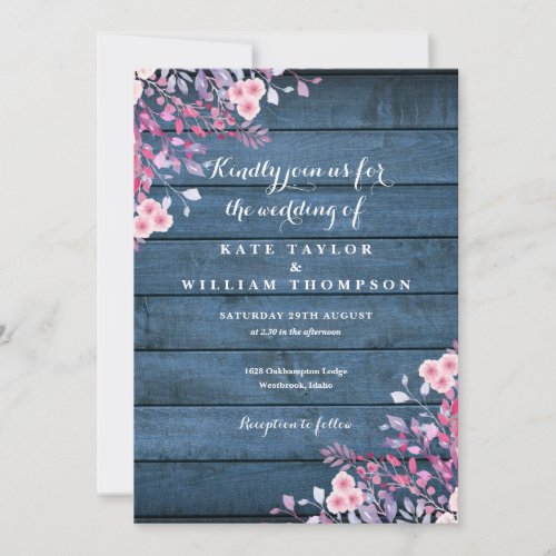 Blue Rustic Wood Wildflowers Floral Wedding Invitation