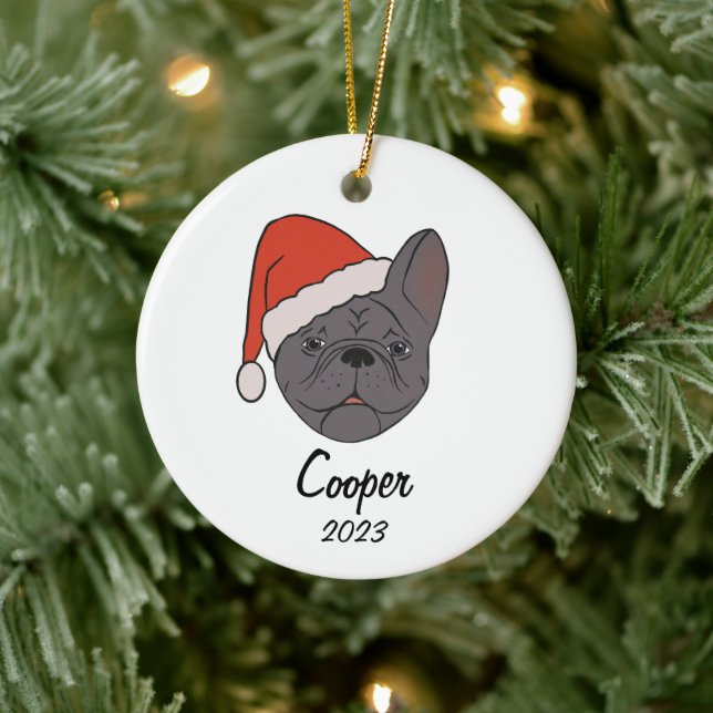 Blue Sable Frenchie Santa Hat Christmas Ornament (Tree)