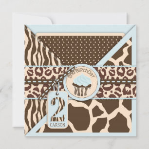 Blue Safari Animal Print & Cupcake Second Birthday Invitation