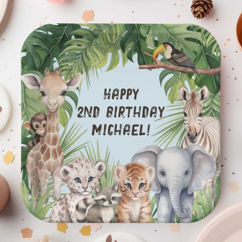 Blue Safari Animal Themed baby boy 2nd birthday Paper Plates