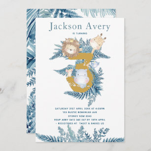 Blue Safari Animals 3rd Birthday Invitation