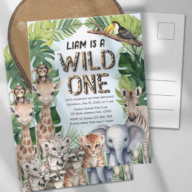 Blue Safari animals themed Wild one 1st birthday  Invitation Postcard (Boy 1st birthday invitation, Wild one Safari jungle animal postcard invitation.)