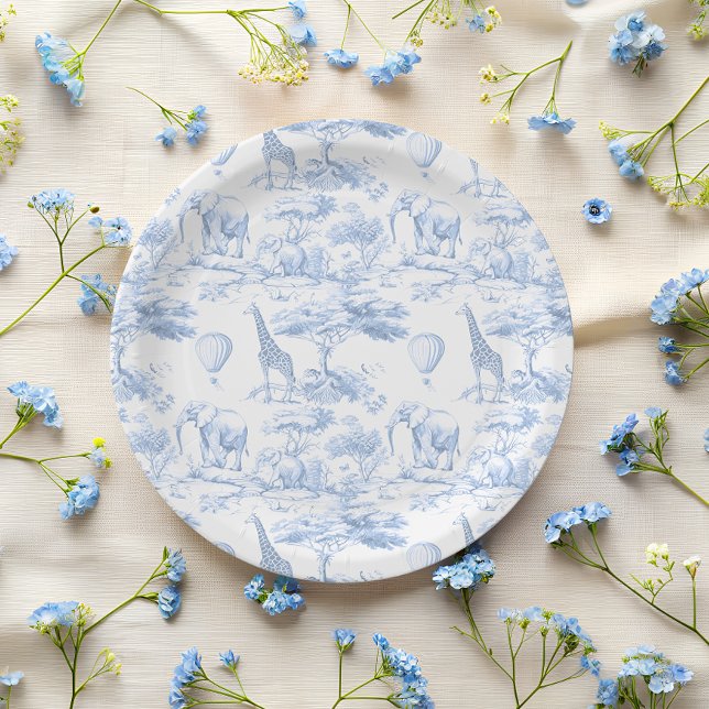 Blue Safari Animals Toile de Jouy Baby shower Paper Plates (Creator Uploaded)