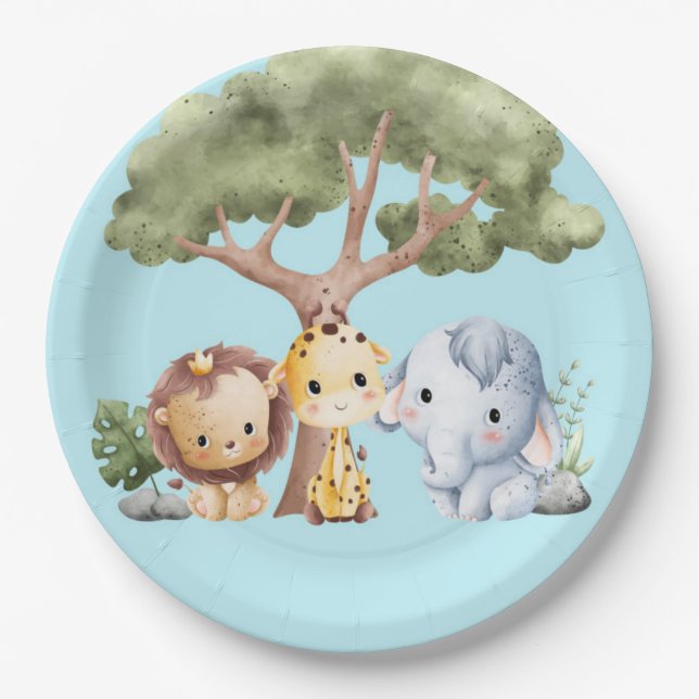 BLUE SAFARI BABY SHOWER PAPER PLATES (Front)