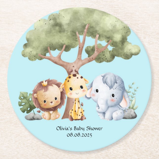 Blue safari baby shower  round paper coaster (Front)