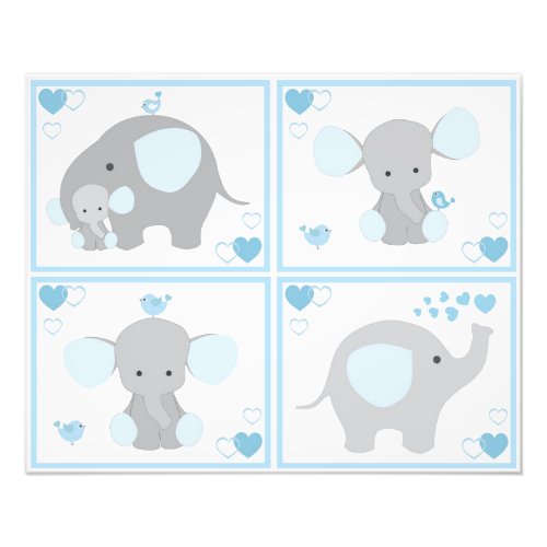 Blue Safari Elephant Boy Nursery Wall Art Prints