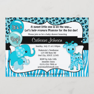 Blue Safari Elephant Giraffe Baby Shower Invitation
