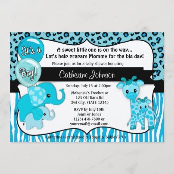 Blue Safari Elephant Giraffe Baby Shower Invitation by MonkeyHutDesigns at Zazzle