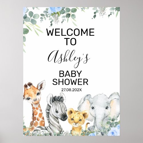 Blue Safari Floral Baby Shower Welcome Sign