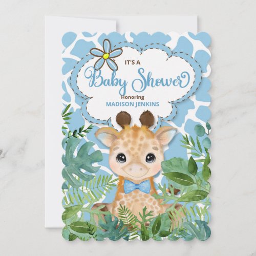 Blue Safari Giraffe Baby Shower Invitation