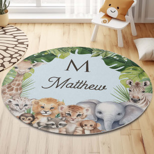 Blue Safari Jungle Animals themed Personalized Rug