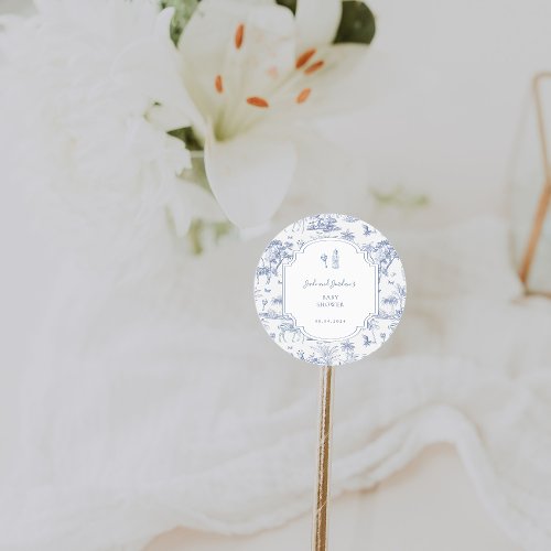 Blue Safari Toile de Jouy  Baby Shower Classic Round Sticker
