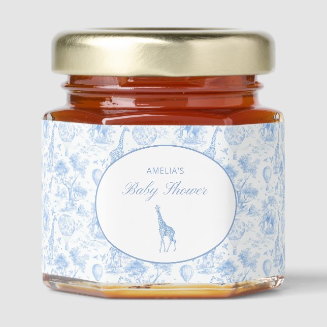 Blue Safari Toile de Jouy Baby Shower Honey Jar Favors (Front)