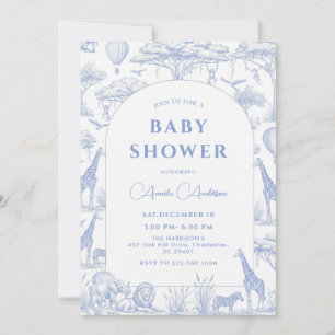 blue Safari Toile De Jouy Boy Baby Shower  Invitation
