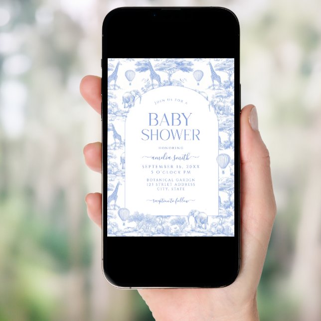 Blue Safari Toile De Jouy Boy Baby Shower Invitation (Front Digital)