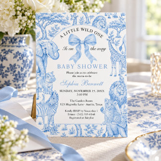 Blue Safari Toile de Jouy Boy Baby Shower Invitation