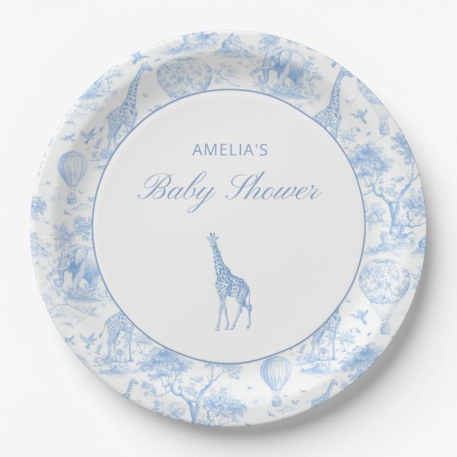 Blue Safari Toile De Jouy Boy Baby Shower Paper Plates (Front)