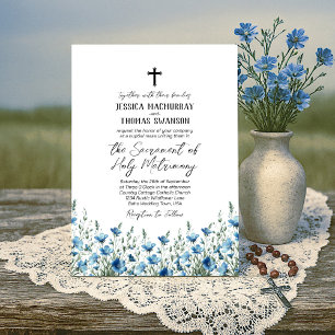 Blue & Sage Boho Chic Wildflowers Catholic Wedding Invitation