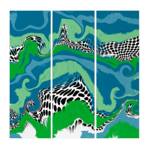 Blue, Sage Green, Black and White Abstract Fluid Triptych