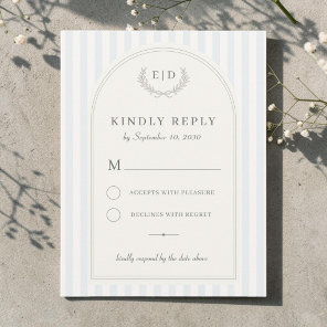 Blue & Sage Green Striped Monogram Wedding RSVP Card