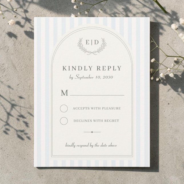 Blue & Sage Green Striped Monogram Wedding RSVP Card (Creator Uploaded)