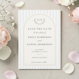 Blue & Sage Green Striped Monogram Wedding Save The Date
