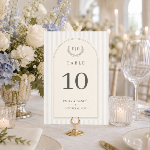 Blue & Sage Green Striped Monogram Wedding  Table Number