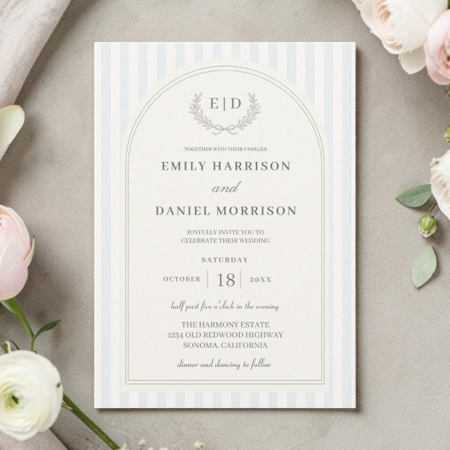 Blue & Sage Green Striped Wedding Invitation (Creator Uploaded)