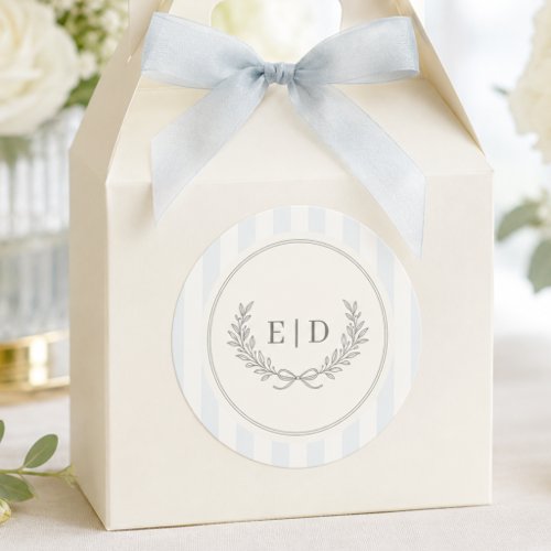 Blue & Sage Striped Monogram Wedding Classic Round Sticker