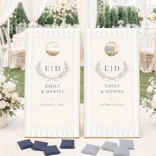 Blue & Sage Striped Monogram Wedding Cornhole Set