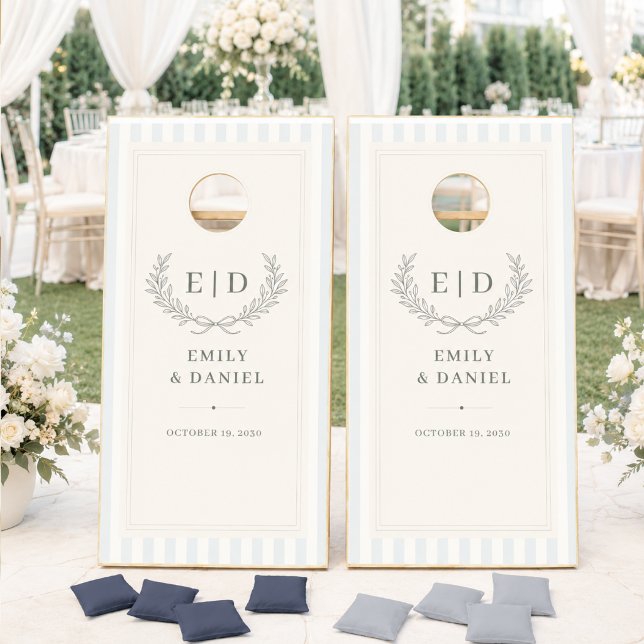 Blue & Sage Striped Monogram Wedding Cornhole Set (Creator Uploaded)