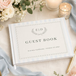 Blue & Sage Striped Monogram Wedding Guest Book