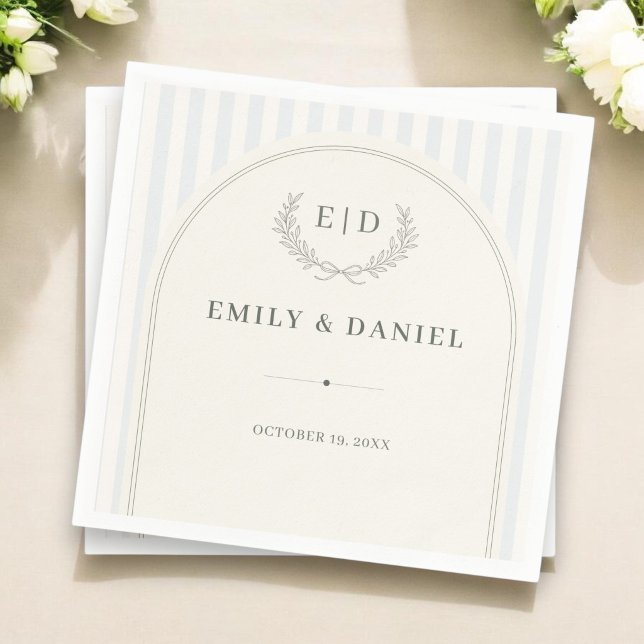 Blue & Sage Striped Monogram Wedding Napkins (Creator Uploaded)