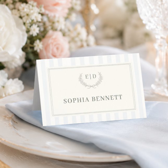Blue & Sage Striped Monogram Wedding Place Card (Creator Uploaded)