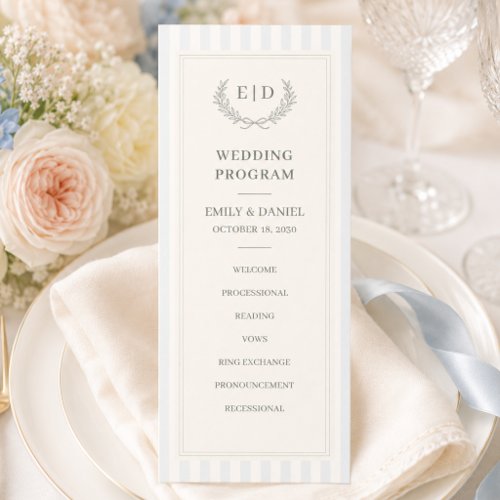 Blue & Sage Striped Monogram Wedding Program