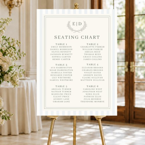 Blue & Sage Striped Monogram Wedding Seating Chart Foam Board