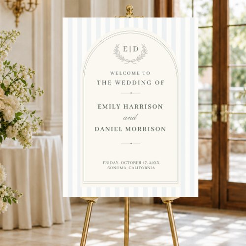 Blue & Sage Striped Monogram Wedding Welcome Foam Board