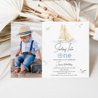 Blue Sail Boat Photo Sailing Into One 1st Birthday Invitation