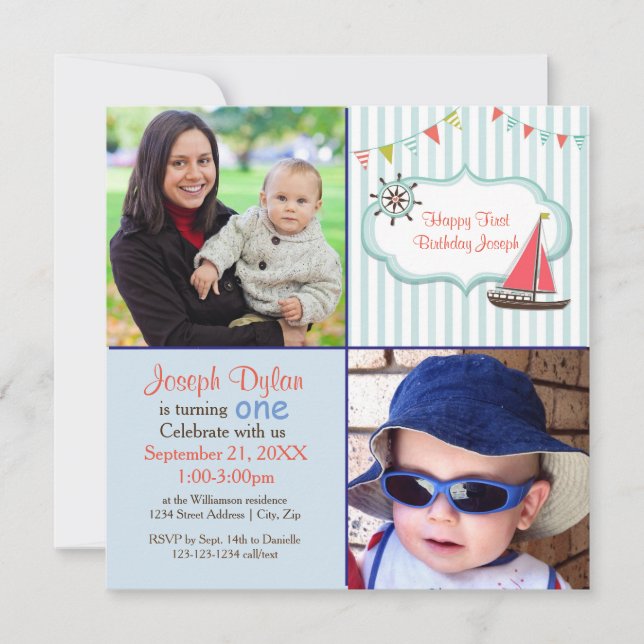 Blue Sailboat 2 Photo Kids - Birthday Invitation (Front)