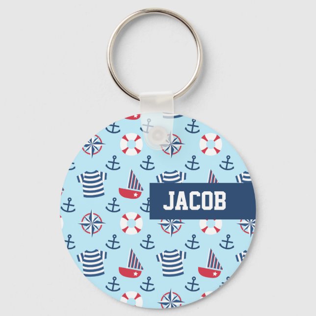 Blue Sailboat Anchor Nautical Theme Pattern Keychain (Front)