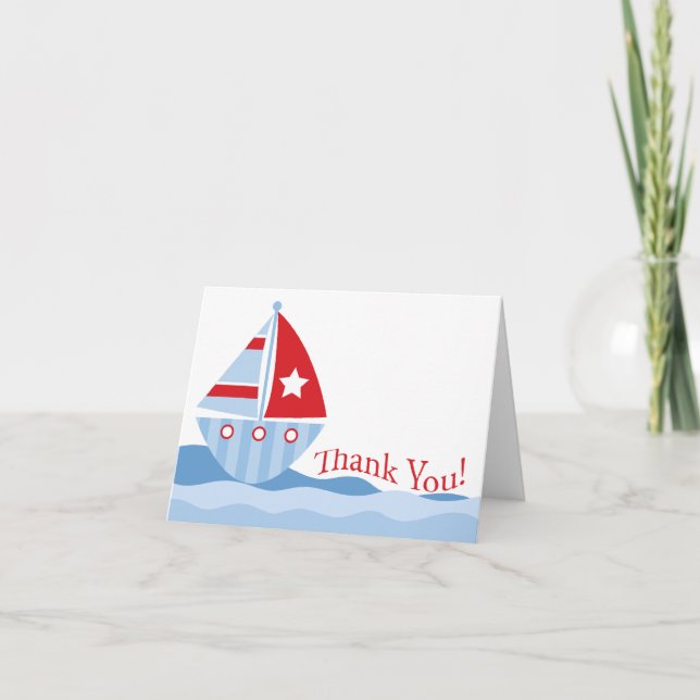 Blue Sailboat Baby Shower Thank You Note Card (Front)