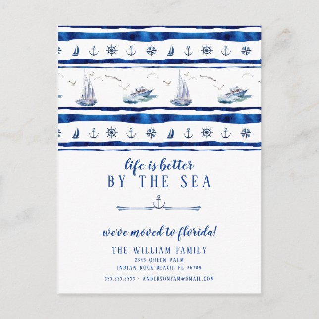 Blue Sailboat Boating Moving Announcement Postcard (Front)