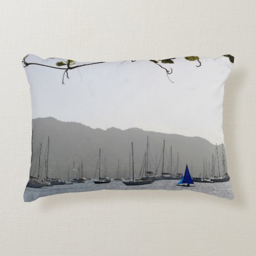Blue sailboat in Caribbean harbour Accent Pillow