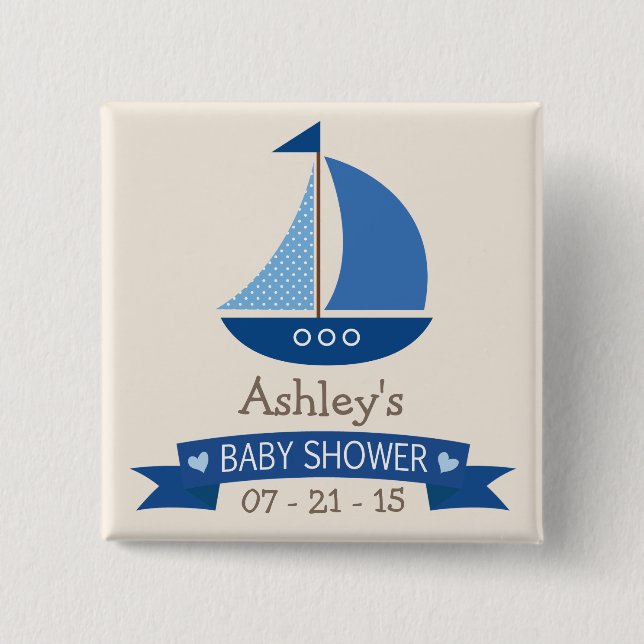 Blue Sailboat, Nautical Baby Shower Pinback Button (Front)